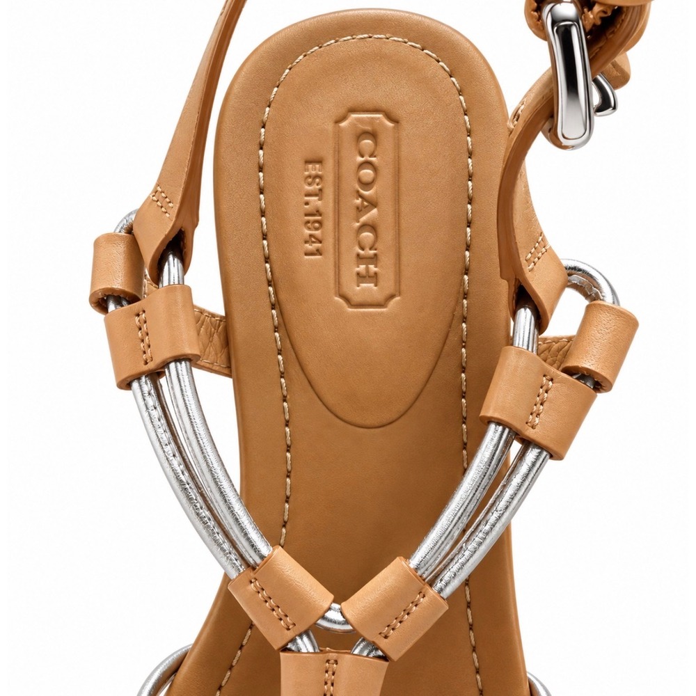 Coach Georgiana Wedge Sandals Tan Leather Silver Metallic Cork Platform 6.5B - Picture 5 of 6